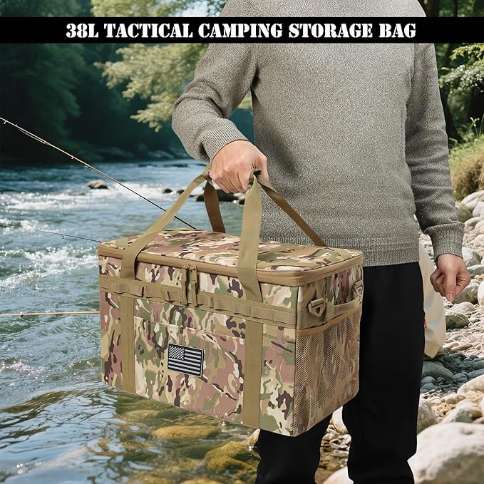38L Tactical Camping Storage Bag with Axe Holder - Utility Tote Bag Camping Kitchen Organizer Trunk Organizer with Shoulder Strap (c)