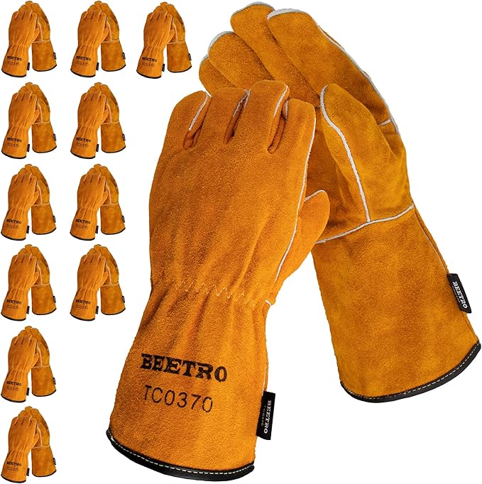 BEETRO Welding Gloves 12 Pairs Cow Leather Forge/Mig/Stick/Tig Welder Heat/Fire Resistant, Mitts for Oven/Grill/Fireplace/Furnace/Stove/Pot Holder/Wood Burner/Animal handling Glove with Soft Lining