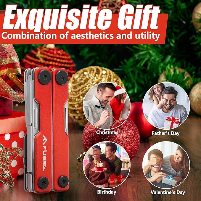 FLISSA Multitool Scissors, 11-in-1 Multi Tool Pocket Knife, Stainless Steel Mini Multitool with Bottle Opener, Screwdriver, Aluminum Handles, Spring - EDC for Outdoor, Camping, Hiking, Fishing, Red