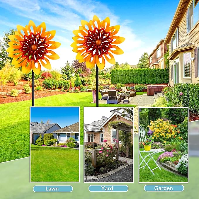 Sunflower Wind Spinners, 360 Degrees Swivel Metal Wind Sculptures, 62" Garden Pinwheels for Yard Lawn Patio Decor