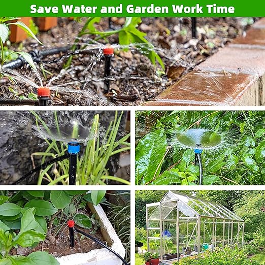 240FT DIY Automatic Drip Irrigation System Kits for Garden Plant Watering Misting System for Greenhouse Patio Lawn with Adjustable Drip Emitters 5/16" and 1/4" Irrigation Tubing Connectors Fittings