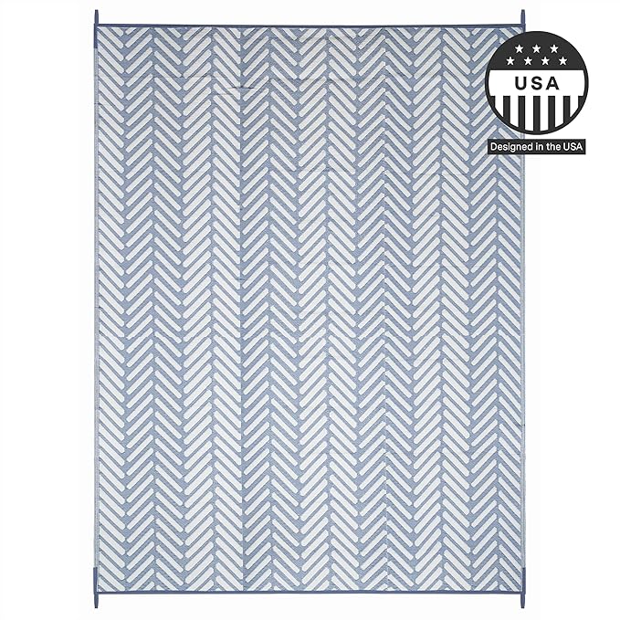 FH Home Outdoor Camping Rug - Waterproof, Fade Resistant, Reversible - Premium Recycled Plastic - Herringbone - Large Patio, Deck, Sunroom, RV - Fresno - Light Blue - 4 x 6 ft Foldable