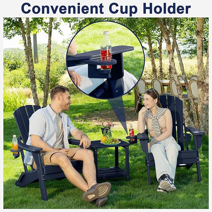 Folding Adirondack Chair, SGS Tested, Wooden Textured with Cup Holder, Heavy All-Weather HDPE Comfortable Set Poolside Backyard Lawn Navy Blue Set 4