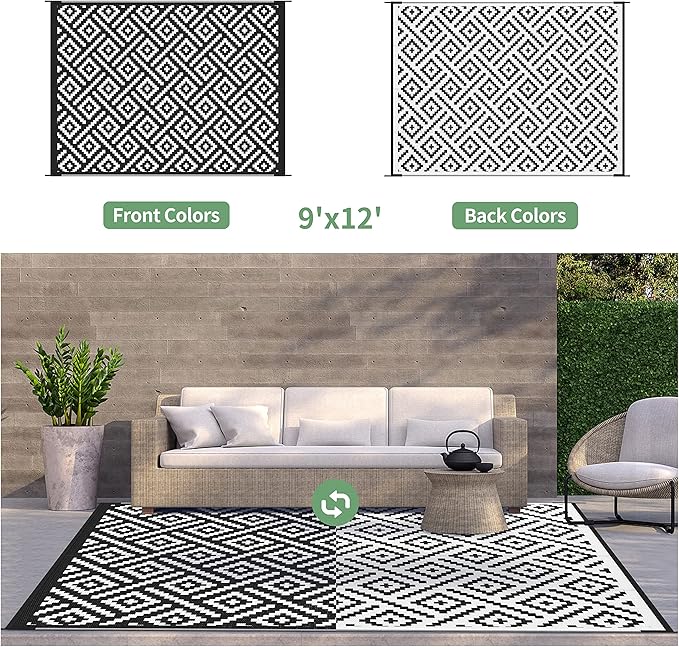 GENIMO Outdoor Rug for Patio Clearance,9'x12' Waterproof Large Mat,Reversible Plastic Camping Rugs,Rv,Porch,Deck,Camper,Balcony,Backyard,Black & White