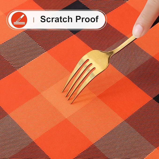 misaya Round Waterproof Vinyl Table Cloth, Buffalo Flannel Backed Tablecloth, Wipeable Plastic Table Cover for Dinner, Kitchen, Picnic (60", Black and Orange and Yellow)