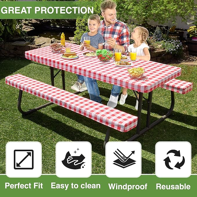 Hudson Comfort Picnic Table Cover with Bench Covers – 500 GSM Reusable Heavy Duty Vinyl Outdoor Table Cover - Waterproof Picnic Tablecloth with Carry Case (Red, 72 Inch (6 Feet))