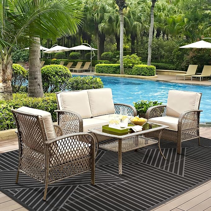 GENIMO Outdoor Rug for Patio Clearance,9'x12' Waterproof Large Mat,Reversible Plastic Camping Rugs,Rv,Porch,Deck,Camper,Balcony,Backyard,Black & Gray