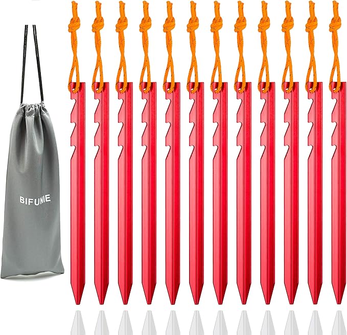 Aluminum Alloy Tent Stakes Pegs, 12-Pack Aluminum Ground Pegs with Reflective Pull Ropes, Lightweight Metal Stakes Pegs for Camping Tents Hammocks