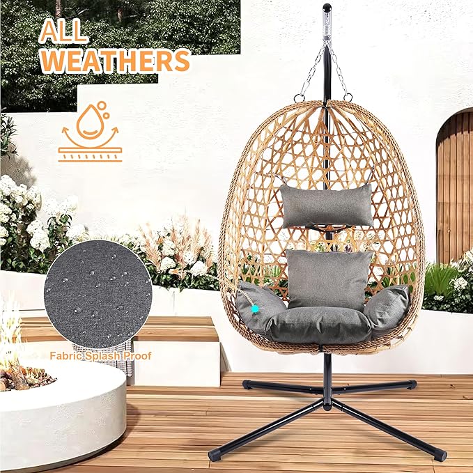 Hanging Egg Chair with Stand, Patio Wicker Swing Chair, Hammock Style with 350LBS Capacity for Bedroom, Balcony, or Garden (Yellow-Grey)