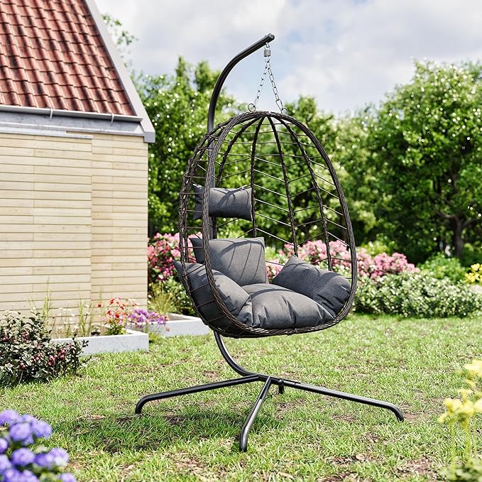 Egg Chair with Stand, Patio Wicker Bifanuo Hanging Chair, Hammock Swing Chair, 350LBS Capacity for Bedroom, Balcony, Garden(BR-GR)
