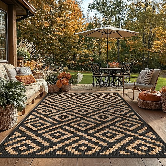 GENIMO Outdoor Rug for Patio Clearance,6'x9' Waterproof Mat,Reversible Plastic Camping Rugs,Rv,Deck,Porch,Camper,Balcony,Backyard (Black & Brown)