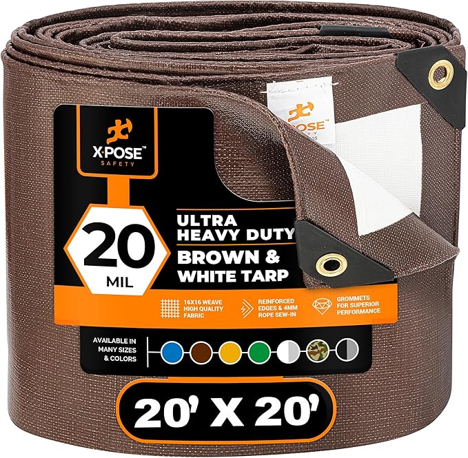 20' x 20' Ultra Heavy Duty Brown/White Tarp - 20 Mil, Waterproof, UV Protection, Reinforced Corners - Extra Large Outdoor Tarp Cover for Rain, Camping, Tent