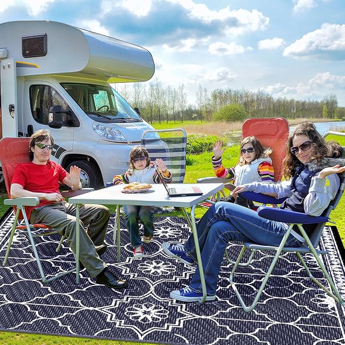 6x9Ft Outdoor Rug, Solar Powered Outdoor Rug with 94LEDs Strip Lights for House Deck, Waterproof Plastic Reversible Outdoor Straw Rugs, Rugs Mat RV Camping Patio Beach Balcony Picnic (Blue White)