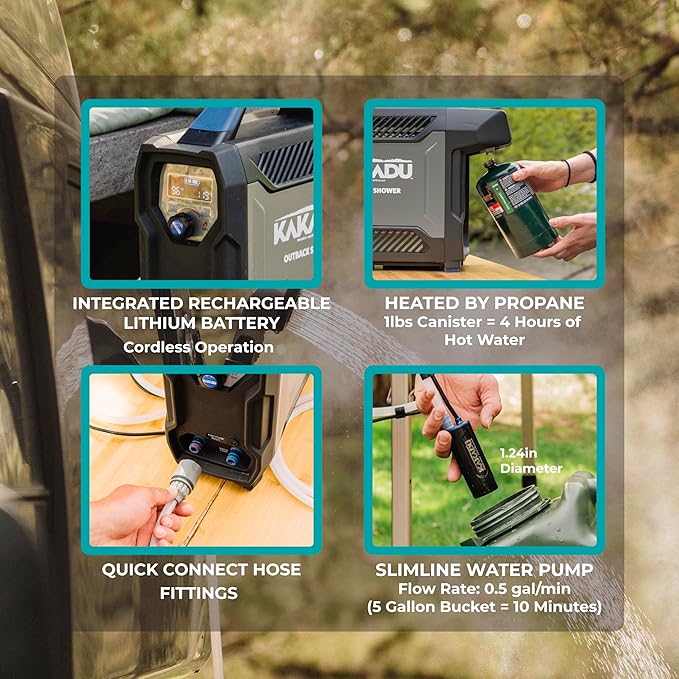 Kakadu Portable Camping Outback Shower, Instant Hot Water for Outdoor Use - Slimline Design, Rechargeable Lithium Battery, Adjustable Shower Head, Slim Pump, Digital Display