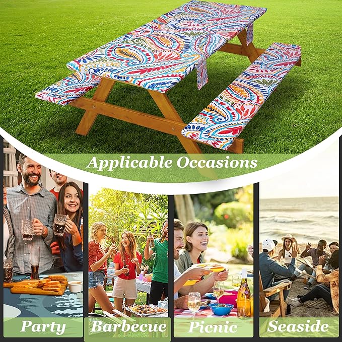 Fitted Picnic Table Cover with Bench Covers Waterproof Elastic Edges Rectangle Patio Tablecloth Outdoor Camping Essentials Stuff Rv Accessories Summer Trip Travel Supplies Party Camper Gifts, 6 ft