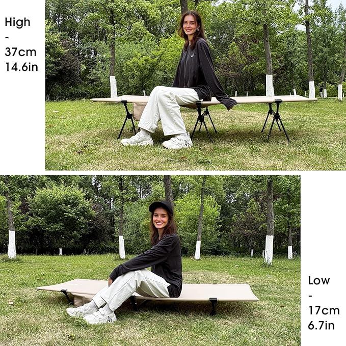 CAMPNACHT Ultralight Camping Cot with Leg Extenders, Aluminum Lightweight Folding Cot for Adults, Portable Backpacking Compact Tent Cot for Outdoor, Hiking, 1 Pack with 2 Use Modes, Khaki