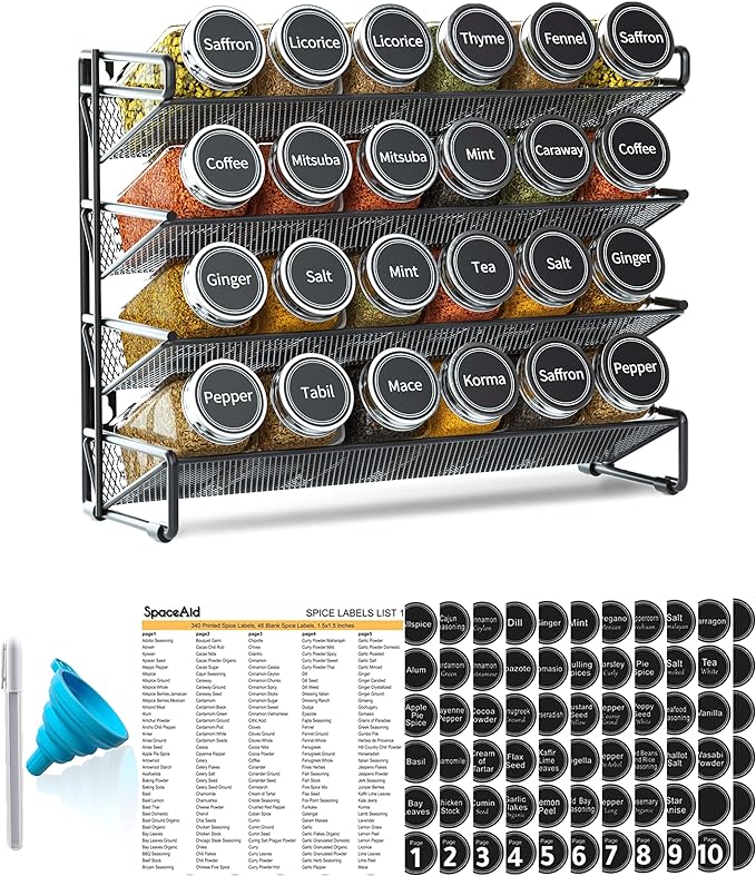 SpaceAid Spice Rack Organizer with 24 Spice Jars, 386 Spice Labels, Chalk Marker and Funnel Set for Cabinet, Countertop, Pantry, Cupboard or Door & Wall Mount -24 Jars, 11.8" W × 10.8" H, Black