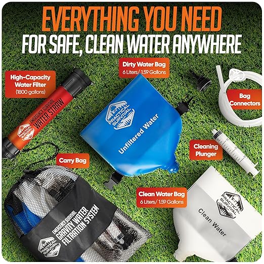 Gravity Water Filtration System – 2 High Capacity Lightweight Hanging Bags for Backpacking, Camping, Survival, Hiking, Hunting - Dirty, Clean Water Bags, Water Filter and Cleaning Plunger Included