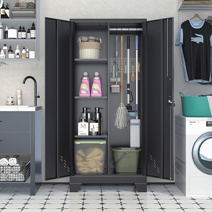 61" H Broom Closet Cabinet, Metal Storage Cabinet with Lockable Doors and Pegboard, Utility Closet for Brooms and Mops, Tool Cabinets for Home Office, Laundry Room, Garage, Workshop
