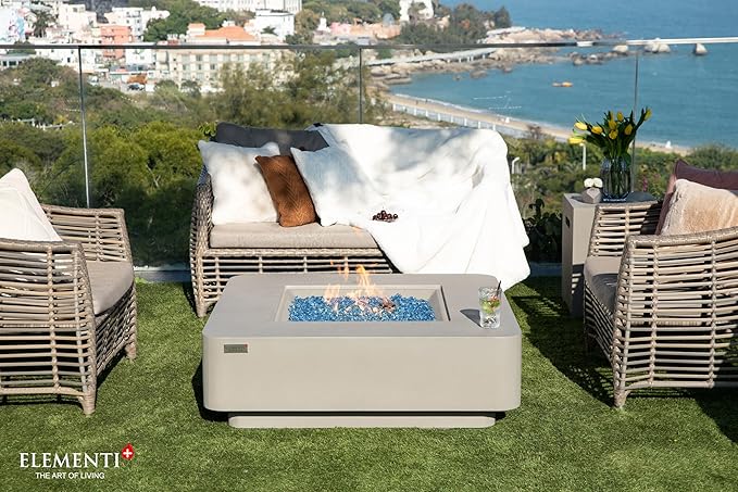 Elementi+ | Lucerne Gas Fire Pit Cast Concrete 42" Square Fire Table, Outdoor Fire Pit Electronic Ignition | Canvas Cover, Fire Glass and Burner Lid Included | Light Gray | Propane Gas