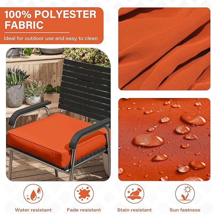 Patio Chair Cushions 22 X 22 X 4 Inch Waterproof Outdoor Seat Cushions for Patio Furniture, Outdoor Sofa Couch Pads with Ties & Handle, Set of 2, Orange