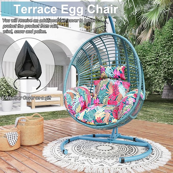Hanging Egg Chair with Stand - Egg Swing Chair Outdoor Indoor Patio Wicker Chair Swing Hammock Egg Chairs 400lbs Capacity for Outside Patio, Bedroom, Garden and Balcony (Blue-Regular, 1 PC)