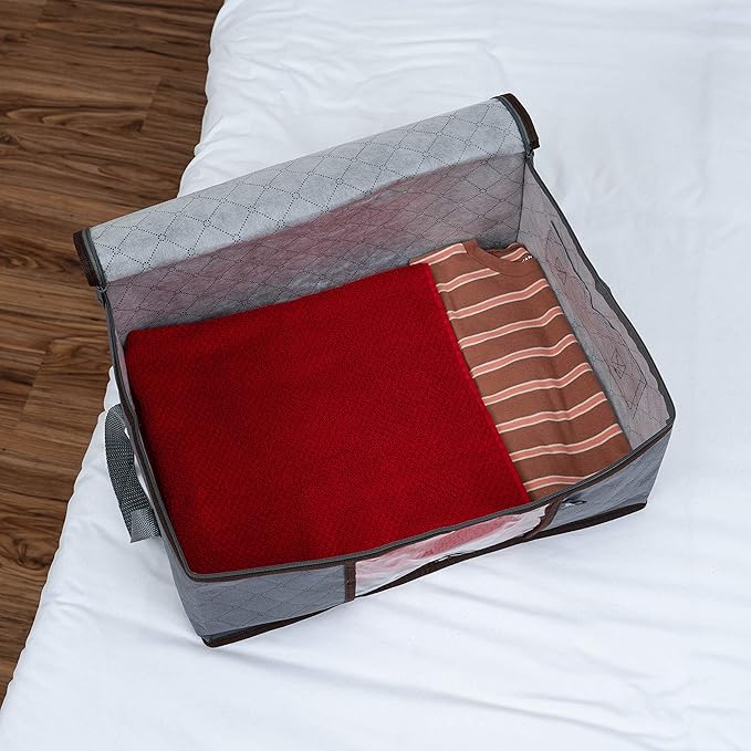 VENO 3 Pack Large Clothes Storage Bag Organizer with Reinforced Handle Thick Fabric for Comforters, Blankets, Bedding, Foldable with Sturdy Zipper, Clear Window, Grey, Reusable (13.3 Gallon)