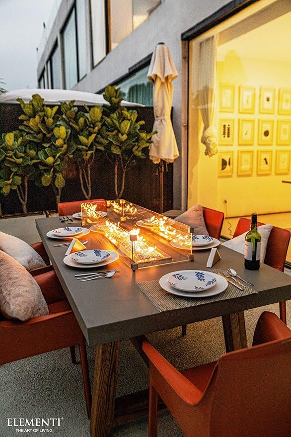 Elementi | Sonoma Gas Fire Pit Cast Concrete Rectangular Dining Fire Table, Outdoor Fire Pit Electronic Ignition | Canvas Cover, Lava Rock Included | Natural Gas