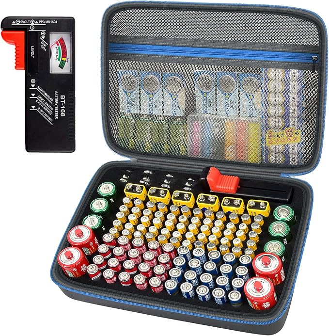 Battery Organizer Storage Holder Case Box with Tester Checker BT-168. Holds 136+ Batteries AA AAA C D Cell 9V 3V Lithium (Blue)