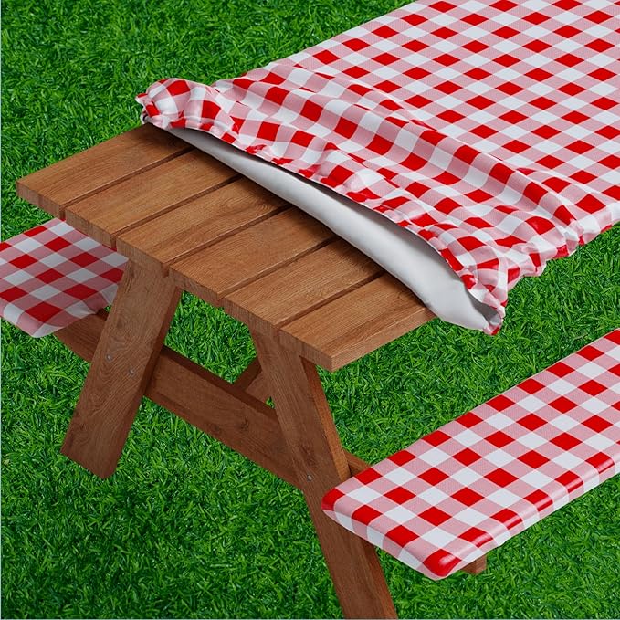 Sorfey Picnic Table Cover with Bench Covers -Fitted with Elastic, Vinyl with Flannel Back, Fits for Table 30"x 96" Rectangle,Water Proof, Checked Red Design