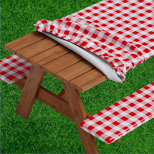 Sorfey Picnic Table Cover with Bench Covers -Fitted with Elastic, Vinyl with Flannel Back, Fits for Table 30"x 96" Rectangle,Water Proof, Checked Red Design