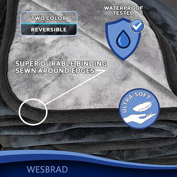Waterproof, Super Soft, Leak Proof, Totally Pee Proof, EZ-Wash, Two-Color Reversable, Durable, 3 Layer Blanket, (90"x80", Black/Grey) Adults, Pets, Dogs, Cats