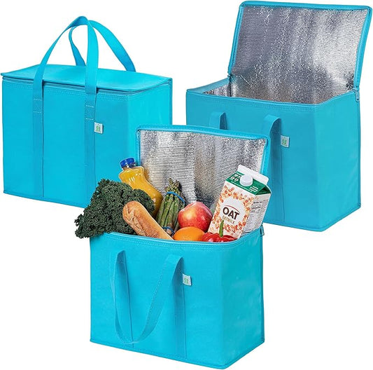 VENO 3 Pack Cooler Bag and Insulated Grocery Bags for Food Delivery, Collapsible Cooler, Reusable Shopping Bags for Groceries with zipper, Foldable, Heavy-Duty, Stands Upright (Cyan, 3 Pack)