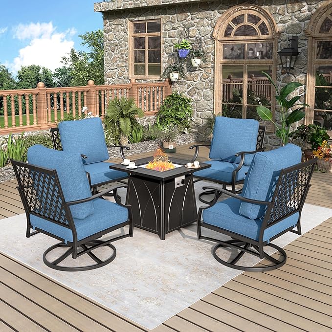Patio Furniture Set with Fire Pit Table, 5 Pcs Metal Outdoor Conversation Set, 4 Swivel Chairs with 5.75" Extra Thick Cushion and 28" Fire Pit Table for Backyard Deck, Navy Blue