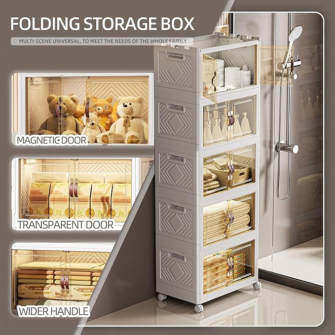 332 QT / 83 Gal White Storage Bins with 1 Lid - Collapsible Stackable Cabinet Organizer w/Wheels & Magnetic Doors, Plastic Storage Box for Office Closet Organization