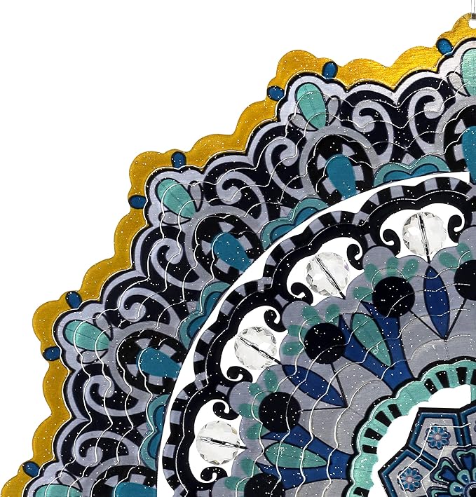 Exhart Wind Spinner, Blue and Black Mandala Hanging Wind Sculpture, 3D Laser Cut Patterns with Bead Details, Metal Outdoor Garden Decoration, Multicolor Lawn and Yard Art, 12 Inch