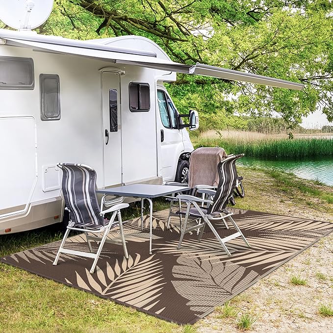 GENIMO Outdoor Rug 6' x 9' Waterproof for Patios Clearance, Reversible Outdoor Plastic Straw Camping Rug Carpet, Large Area Rugs Mats for RV, Camper, Deck, Balcony, Porch, Beach, Picnic, Coffee&Beige