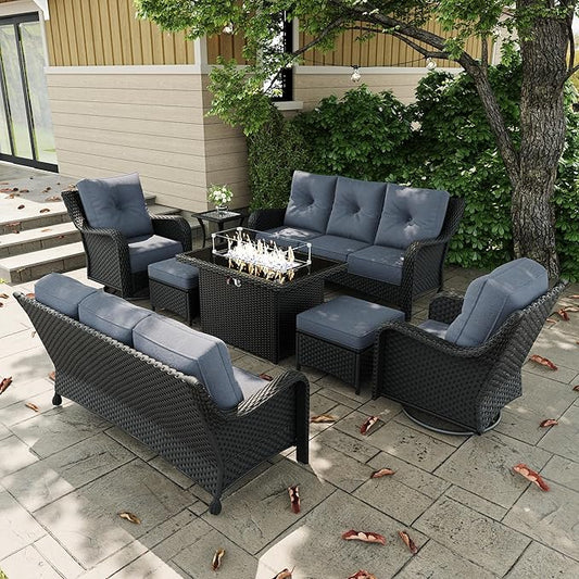 8 Pieces Outdoor Patio Furniture Sets with Rocking Swivel Chairs with 6-inch Thick Cushion and Fire Pit Table for Deck Lawn
