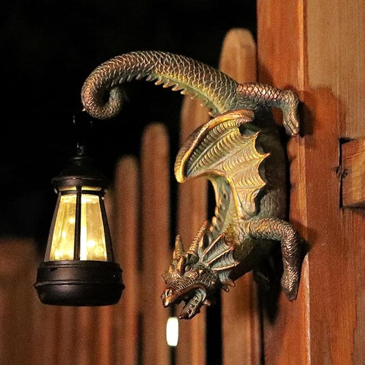 Solar Dragon Tree Hugger Statue Wall Decor - Gothic Garden Statue with Solar Lantern, Outdoor&Yard Decor, Fantasy Dragon Figurine for Trees, Walls, or Fences - Unique for Men & Women