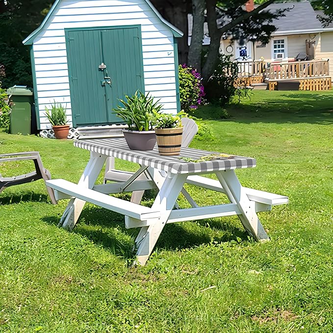 misaya Buffalo Rectangle Picnic Tablecloth, 4 Foot Elastic Fitted Vinyl Table Cloth with Flannel Backing, Waterproof Plaid Table Covers for Dining, Camping, Outdoor (Grey and White, 24" x 48")