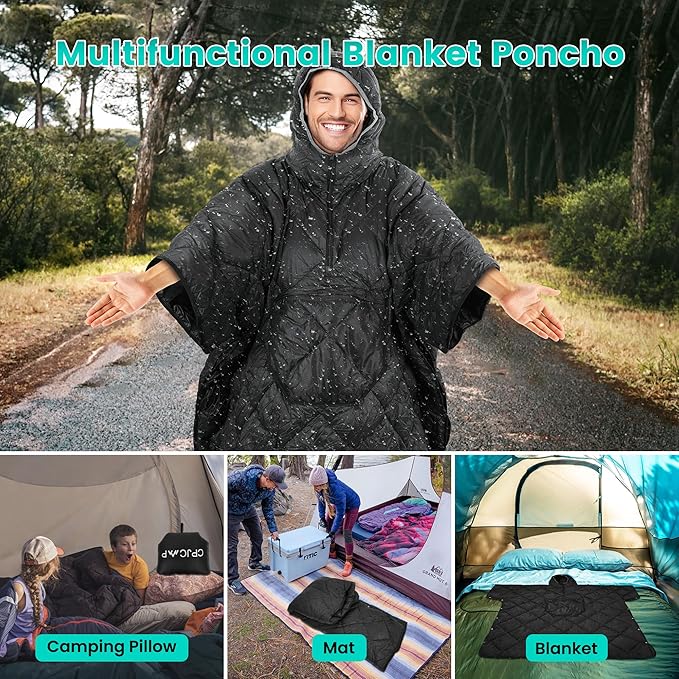 Wearable Camping Blanket Honcho Poncho - Stadium Blanket, Sleeping Bag for Adults, Packable Ultralight Warm & Waterproof for Cold Weather,Sports, Outdoor Camping, Hiking - Black