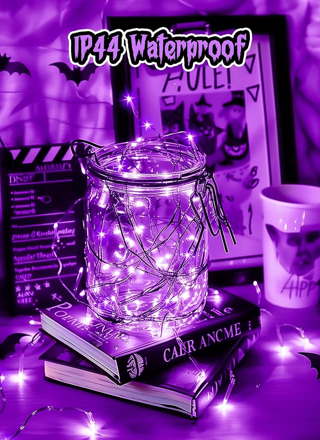 Halloween USB Fairy Lights Plug in, 33Ft 100 LED Twinkle String Lights with Remote and Timer, Waterproof 8 Modes for Bedroom Home Party Ghost Haunted House Indoor Outdoor Decorations, Purple