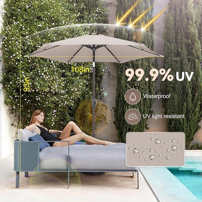 9ft Outdoor Patio Umbrella - Table Umbrella Waterprool UV Protection, Sombrillas de Patio with Push Button Tilt&Crank, Sun Umbrella for Pool, Porch, Garden, Deck, Backyard(Taupe)