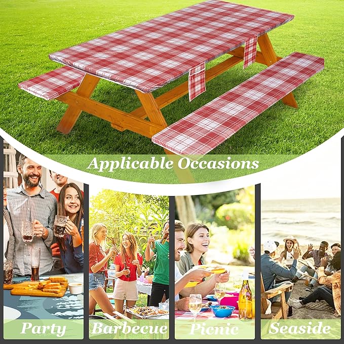 Fitted Picnic Table Cover with Bench Covers Waterproof Elastic Edges Rectangle Patio Tablecloth Outdoor Camping Essentials Stuff Rv Accessories Summer Trip Travel Camper Gifts for Woman Men, 72in 6 ft