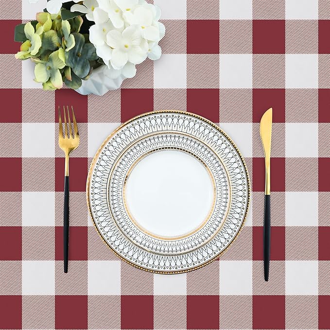 misaya Rectangle Waterproof Vinyl Table Cloth, Buffalo Flannel Backed Tablecloth, Wipeable Plastic Table Cover for Dinner, Kitchen, Outdoor (52" x 70", Burgundy and White)