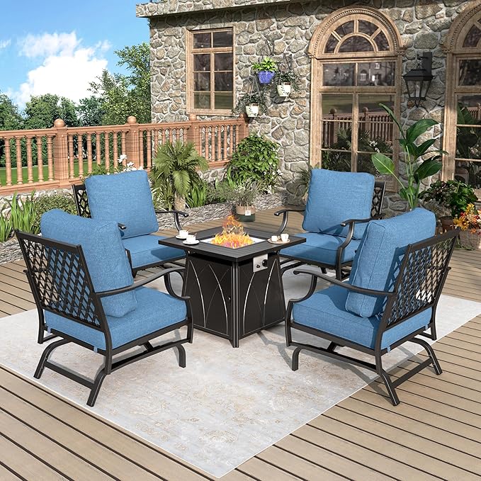 Patio Furniture Set with Fire Pit Table, 5 Pcs Metal Outdoor Conversation Set, 4 Rocking Chairs with 5.75" Extra Thick Cushion and 28" Fire Pit Table for Backyard Deck, Navy Blue