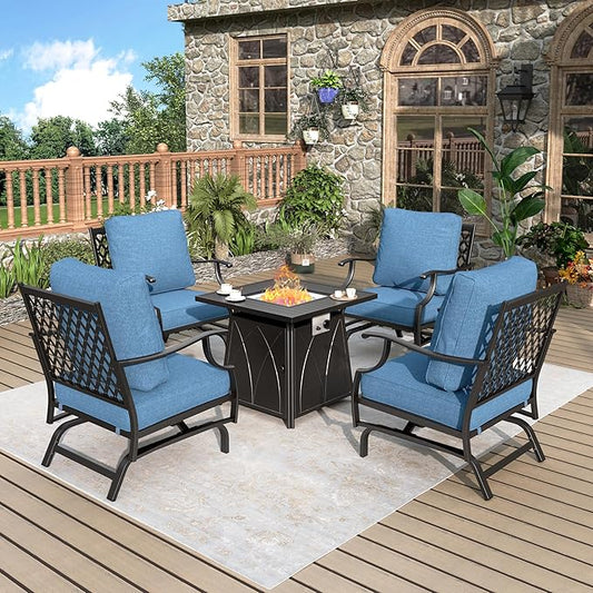 Patio Furniture Set with Fire Pit Table, 5 Pcs Metal Outdoor Conversation Set, 4 Rocking Chairs with 5.75" Extra Thick Cushion and 28" Fire Pit Table for Backyard Deck, Navy Blue