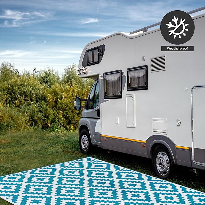 FH Home Outdoor Rug - Waterproof, Fade Resistant, Reversible - Premium Recycled Plastic - Geometric - Patio, Porch, Deck, Balcony - Aztec - Teal & White Crease Free - 5 x 8 ft