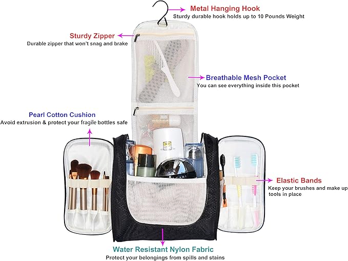 Hanging Toiletry Bag Extra Large Capacity | Premium Travel Organizer Bags For Men And Women | Durable Waterproof Nylon Bathroom, Shower, Makeup Bag For Toiletries, Cosmetics, Brushes