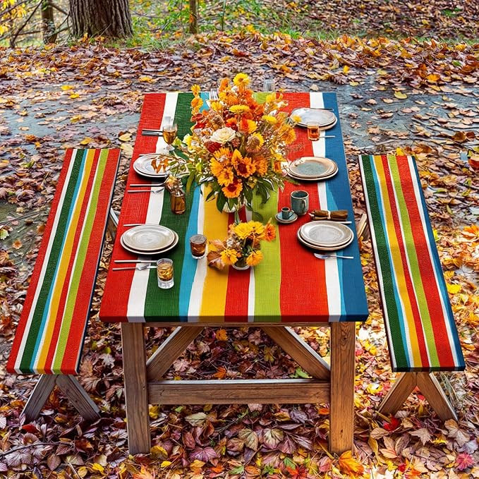 JAWO Picnic Table Covers with Bench Covers Modern Stripe Camping Tablecloth 6FT for 6 Person Fitted Picnic Table Cover with Elastic Windproof Waterproof Fabric, Camping Accessories Patio & Outdoor